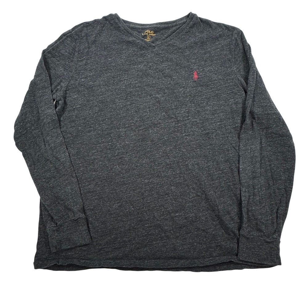 Polo Ralph Lauren Mens V-Neck Long Sleeve T-Shirt Charcoal Gray Heather Large
